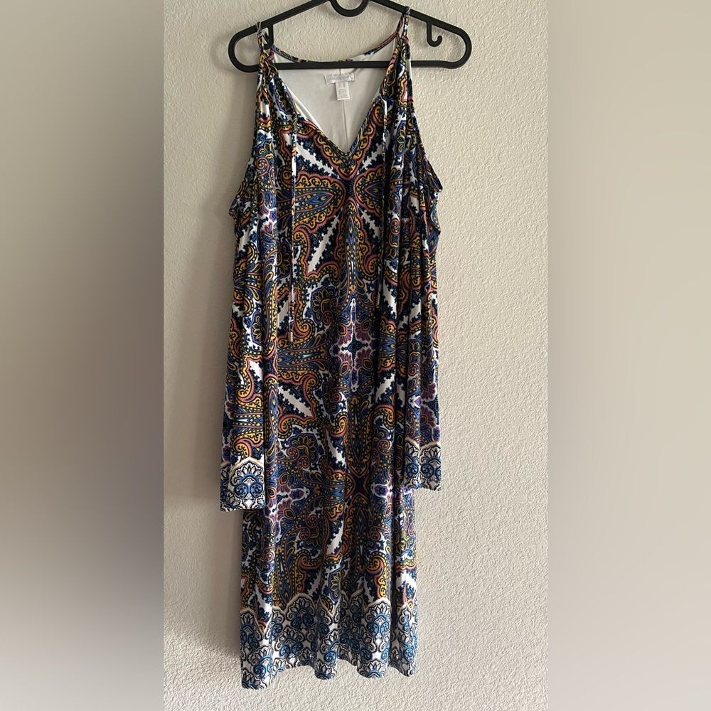 Women Paisley Print Open Shoulder Cold Shoulder Long Sleeve Dress Size 16